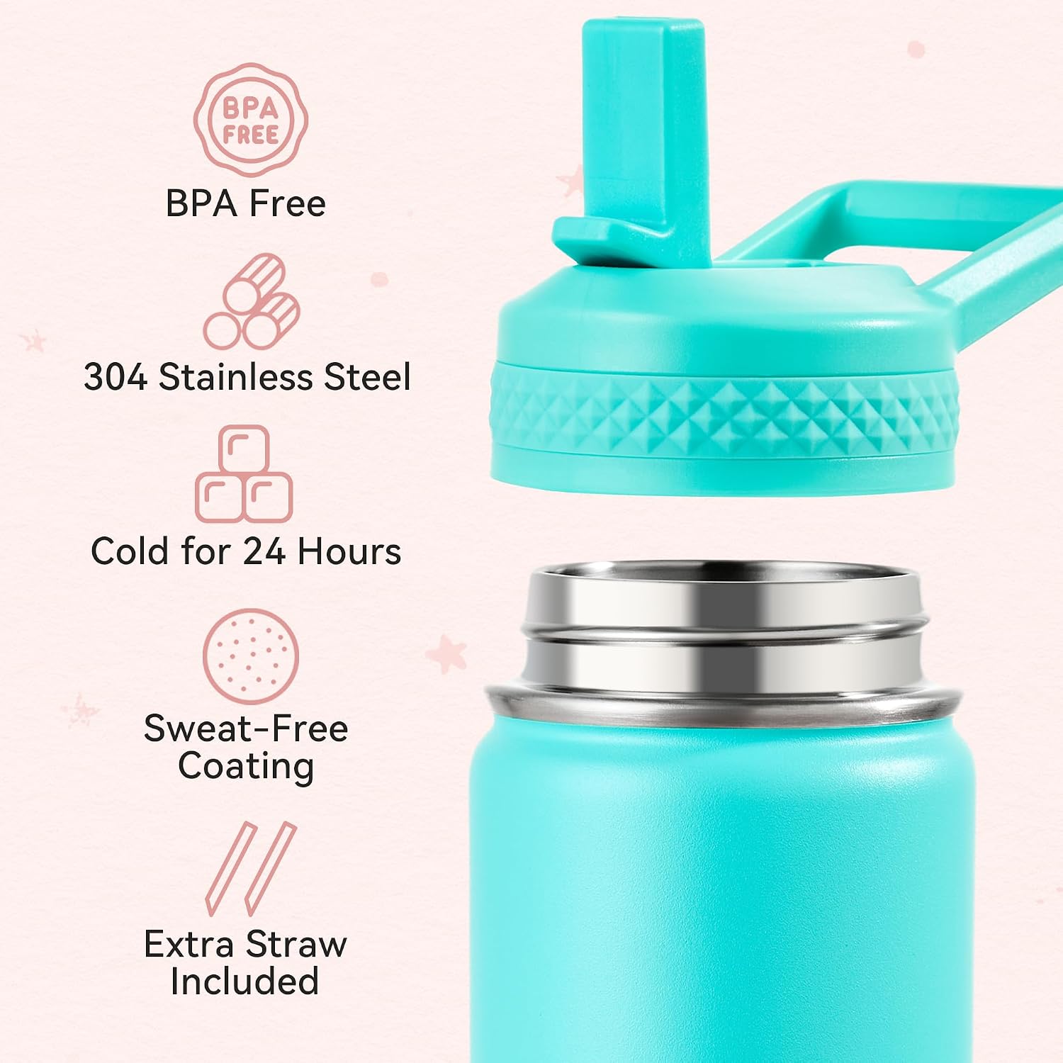 Fijinhom 12 oz Toddler Bottle, Kids Water Bottle for School Boys&Girls with Straws Lids, 304 Stainless Steel Vacuum Insulated Thermos, BPA-Free, Pink + Mint Green