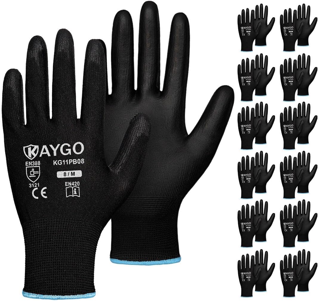 KAYGO Safety Work Gloves for Men Women, PU Coated Palm & Fingers, KG11P