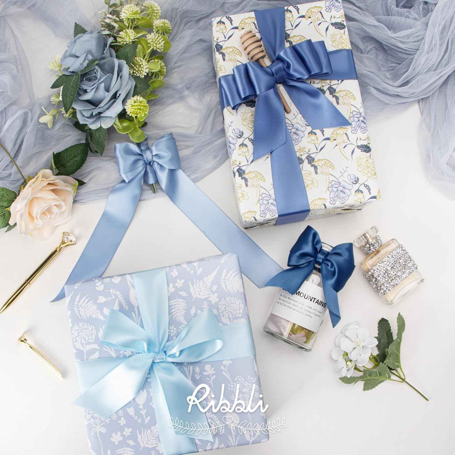 Ribbli Dusty Blue Satin Ribbon 1-1/2 Inch x 4 Rolls Total 40 Yards- Light Blue/Dusty Blue/Smoke Blue/Light Navy Ribbon for Gift Wrapping Craft Wedding Decoration