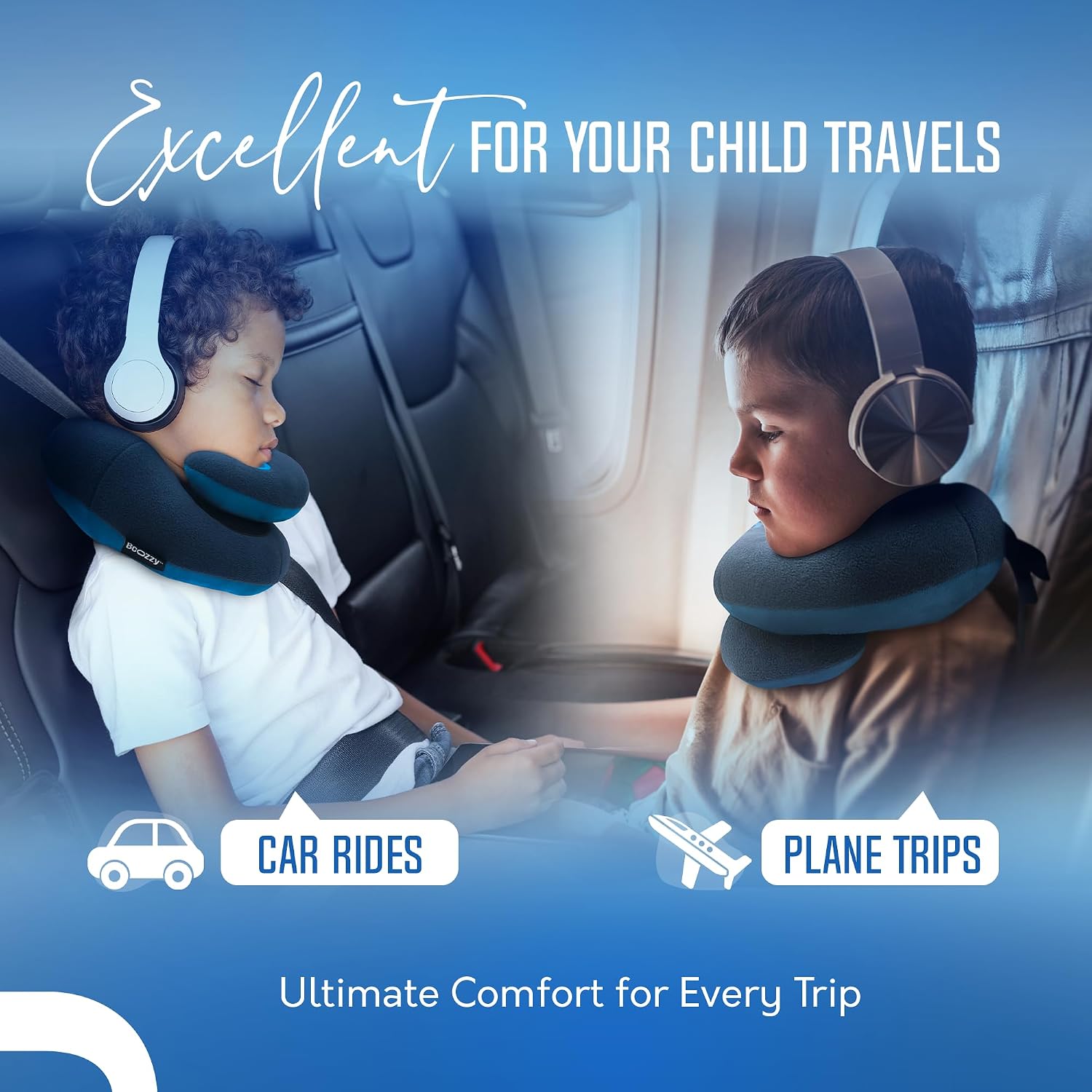 BCOZZY Kids Travel Neck Pillow (8-12 Y/O) - Patented Soft Pillow for Head & Chin Support in Car Seat, Airplane, and Road Trips. Adjustable Size, Fully Washable, Carry Bag, Medium, Light Blue