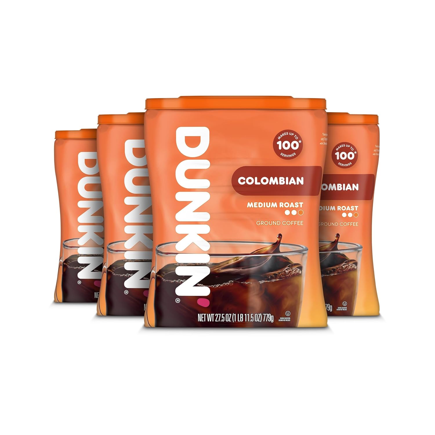 Dunkin’ Colombian Medium Roast Ground Coffee, 4 Canisters (27.5 Oz. Each)