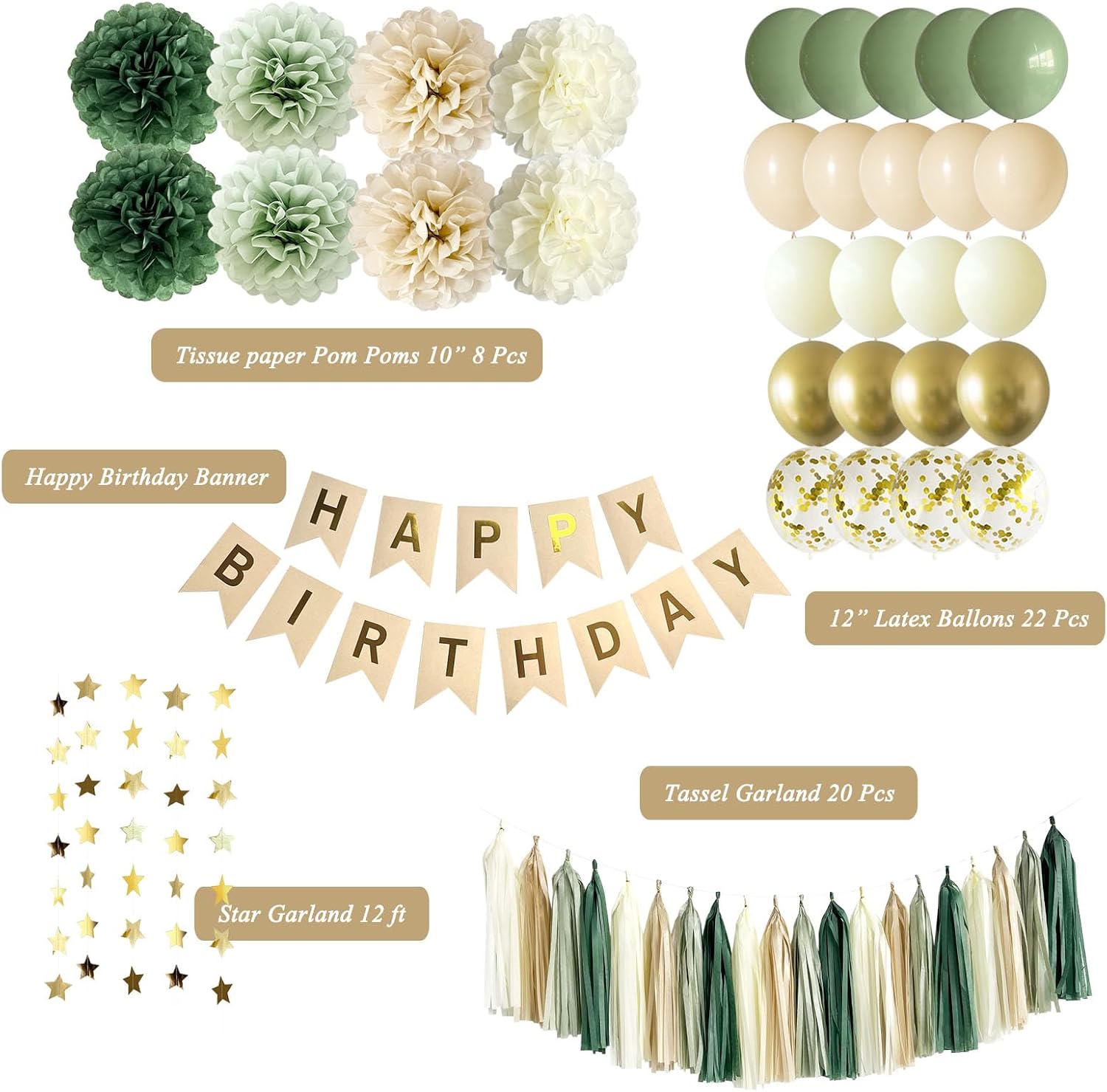 ANSOMO Sage Green Happy Birthday Party Decorations Retro Green Nude Ivory Dark Olive Kraft Paper Banner Balloons Neutral Rustic Boho Blush Safari Botanical Greenery Wild Décor Supplies Women Adults