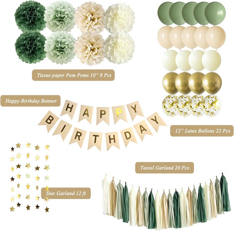 ANSOMO Sage Green Happy Birthday Party Decorations Retro Green Nude Ivory Dark Olive Kraft Paper Banner Balloons Neutral Rustic Boho Blush Safari Botanical Greenery Wild Décor Supplies Women Adults