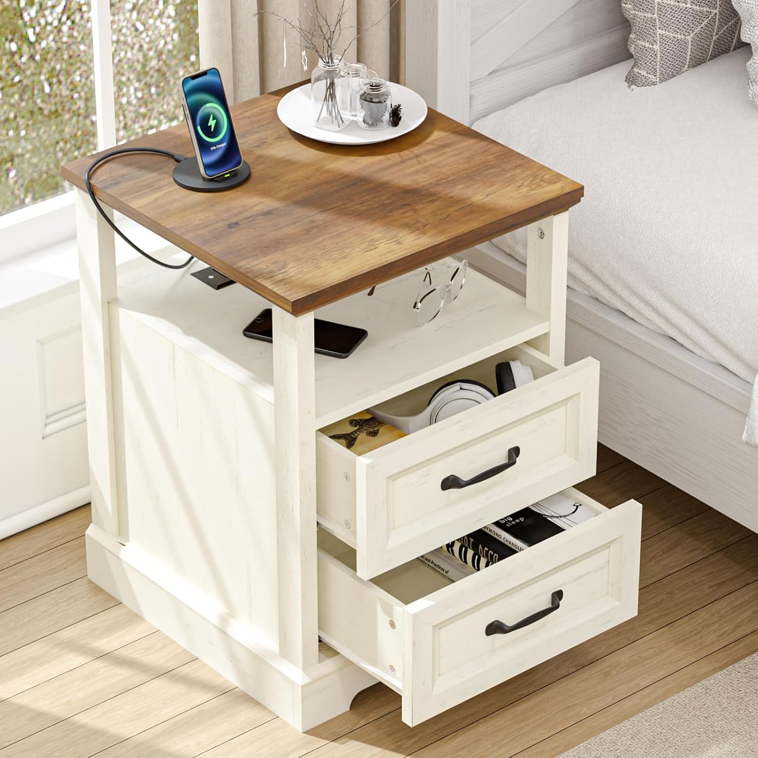 HOMMPA 18'' W Farmhouse Nightstand with Charging Station, Bedside Tables with Open Shelf, 2 Drawers End Table Dresser Side Table, Wood Night Stand for Bedroom, Rustic White