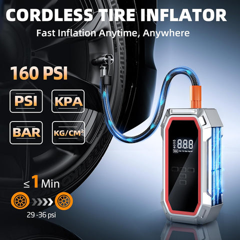 Jump Starter with Air Compressor, 5000A Peak Car Battery Jump Starter(9.0 Gas/8.0L Diesel), 160PSI 12V Jump Box Car Battery Jumper Starter Portable with Smart Jumper Cables, LED Lights, LCD Display