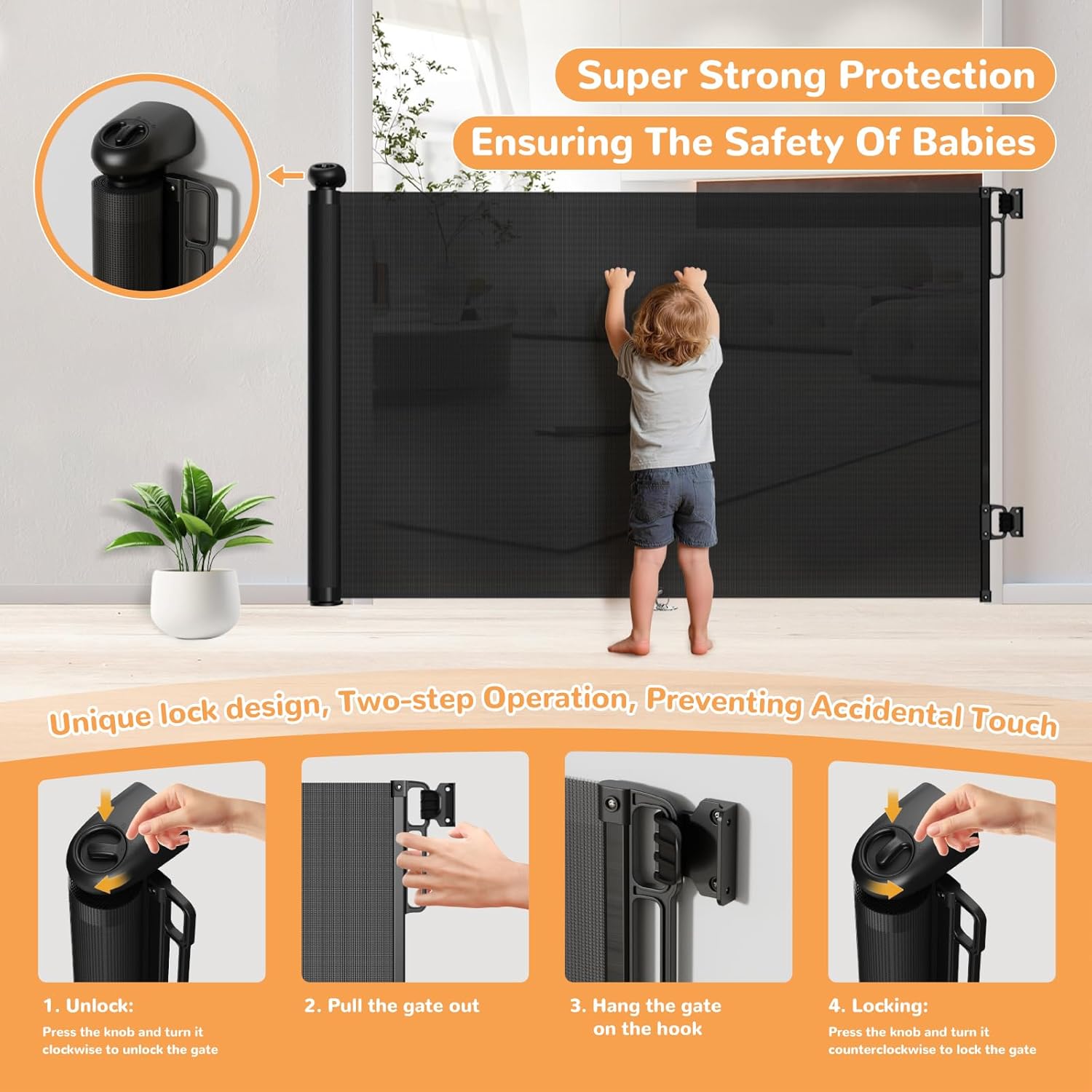 Extra Wide Retractable Baby Gate 34" Tall Fits Up to 71" Wide Black