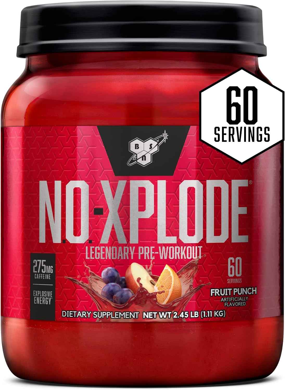 BSN N.O.-XPLODE Pre Workout Powder with Creatine, Fruit Punch, 60 Servings | Energy Supplement for Men and Women with Beta-Alanine and Creatine for Pre-Workout Performance and Endurance