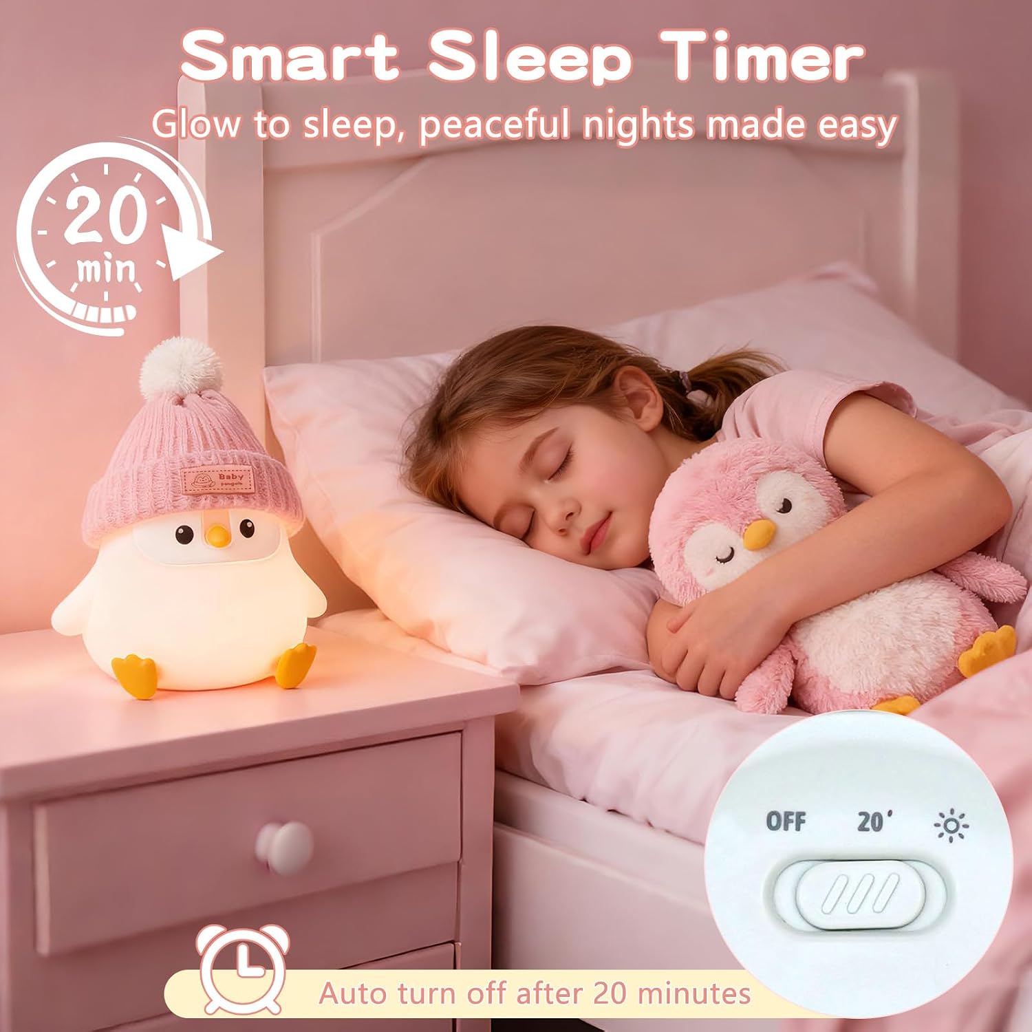 FAMIDUO Penguin Night Light,Cute Pink Penguin Lamp with Hat,Kids Room Decor