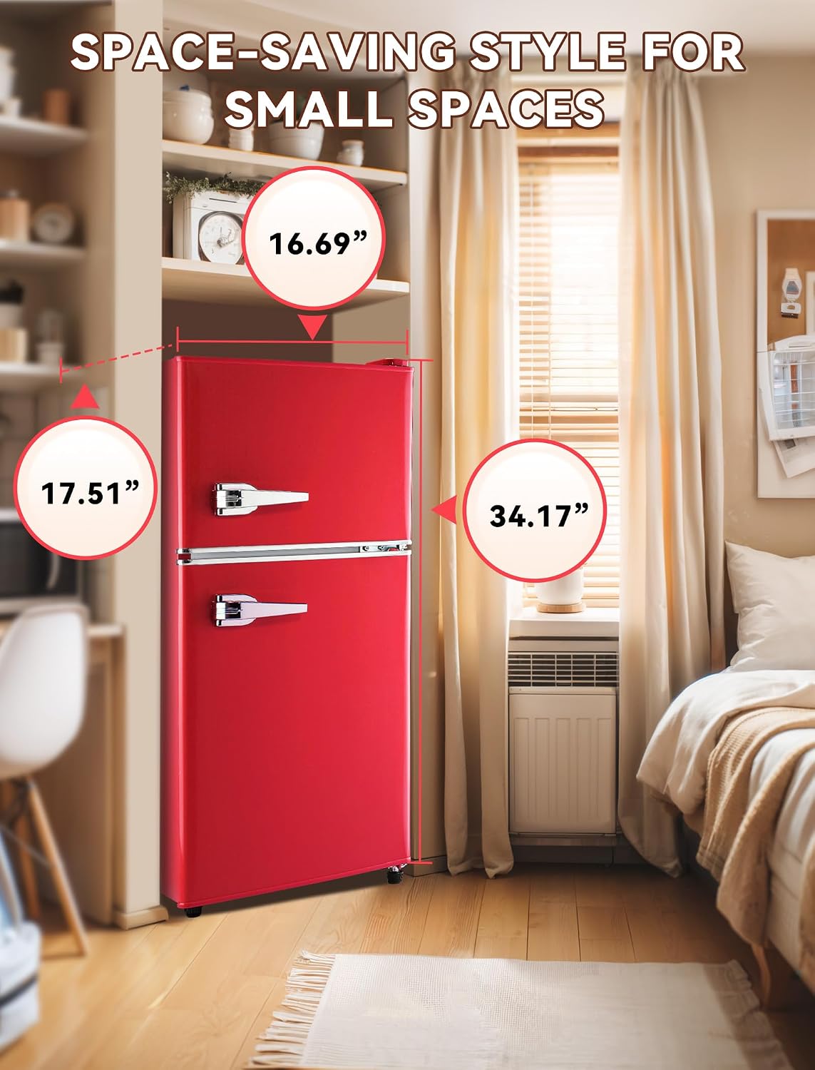 Anypro 3.2 Cu.Ft Retro Mini Fridge with Freezer, Double Door Refrigerator with 1.1 Cu.Ft Freezer, Mechanical Thermostat, Compact Fridge for Bedroom, Dorm, Office & Apartment, Red