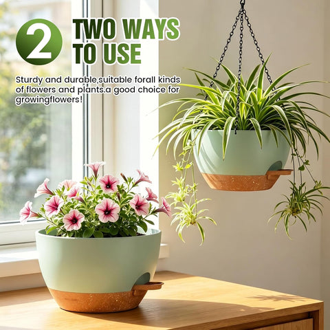 12 Inch Large Self Watering Hanging Planters 2 Pack with Saucers