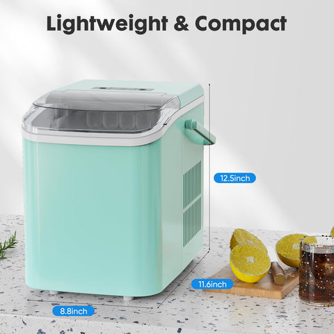OLIXIS Portable Ice Machine Maker Countertop with Handle, Ice Cube Maker 9 Cubes in 6 Mins, 26.5lbs/24Hrs, 2 Sizes of Bullet Ice, Ice Scoop, Basket for Home Kitchen Office, Green