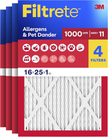 Filtrete 16x25x1 Air Filter, MERV 11, MPR 1000, Allergens & Pet Dander, 3-Month AC and Furnace Filters, Cleaner Air, Reliable Airflow, 4 HVAC Filters (Actual Size 15.68 x 24.68 x 0.81 in)