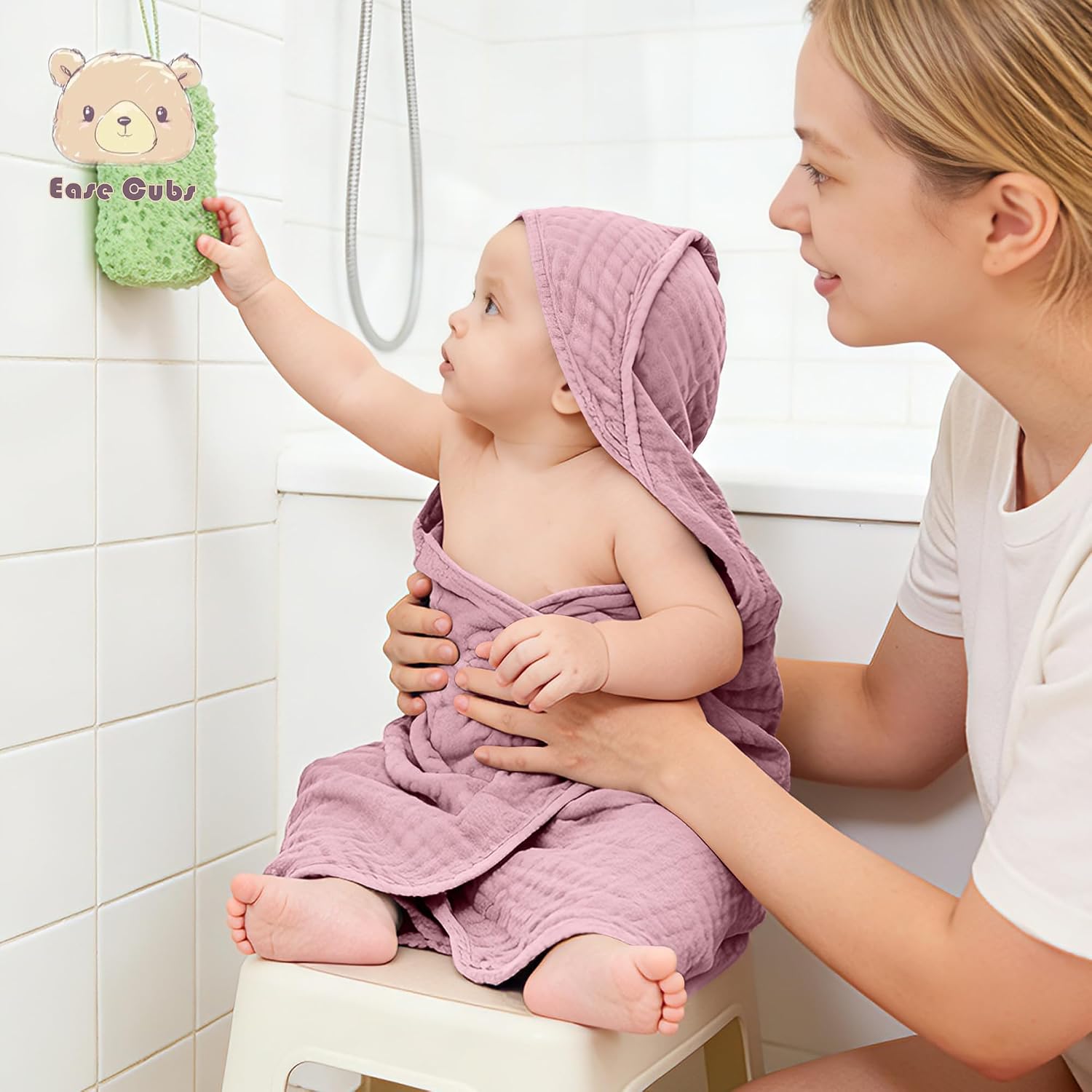 Ease Cubs 3-Pack Muslin Hooded Baby Towels, 100% Cotton, Ultra-Soft & Absorbent Baby Bath Towels with Hood for Babies, Infant, Toddler and Newbron (Pink and Sakura Series,32" x 32")