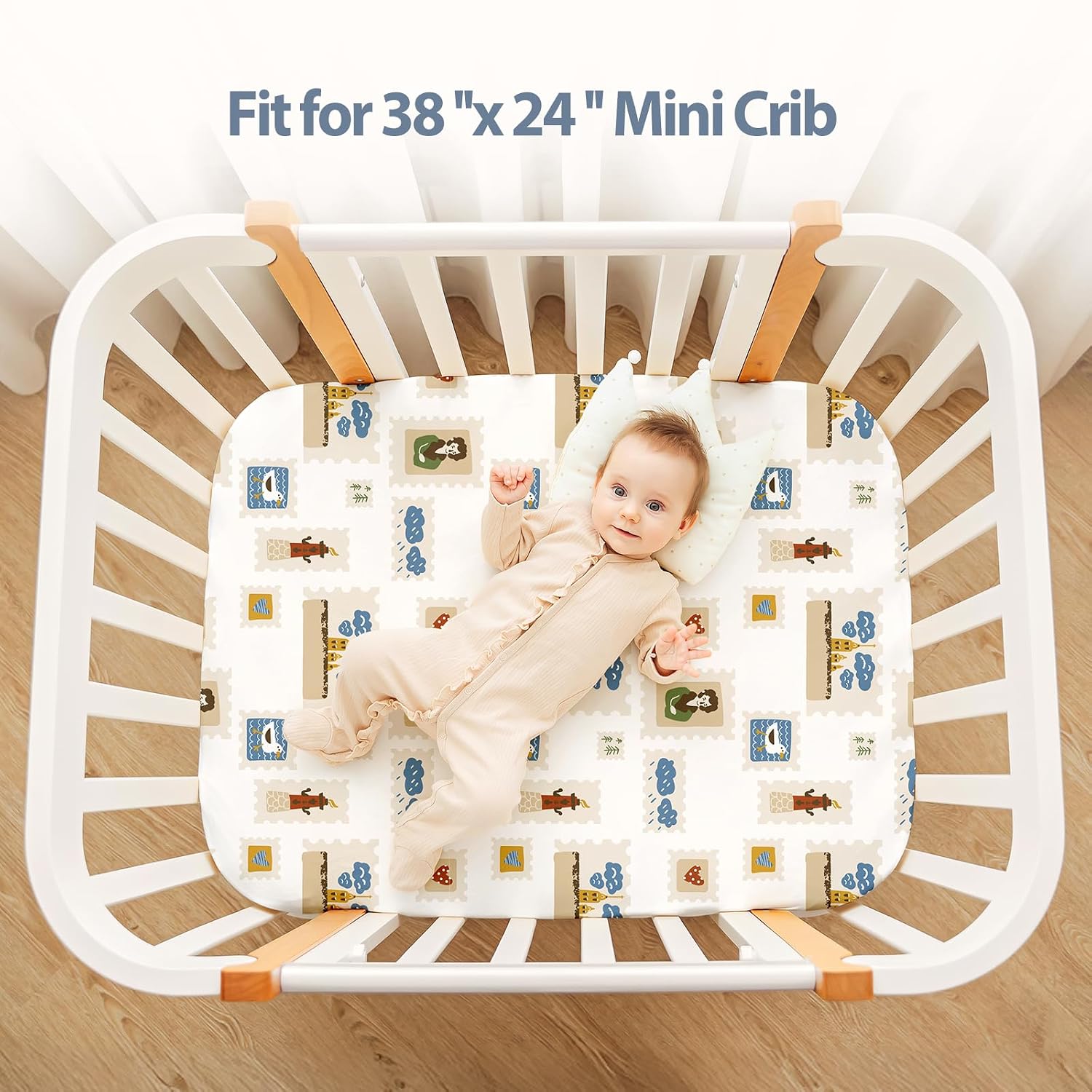 Baby Mini Crib Sheets Boy, Portable 38”x26” Pack and Play Sheets Fitted for Playard and Pack N Play Mattress, 3-Pack Soft Microfiber Blue Brown Stamp