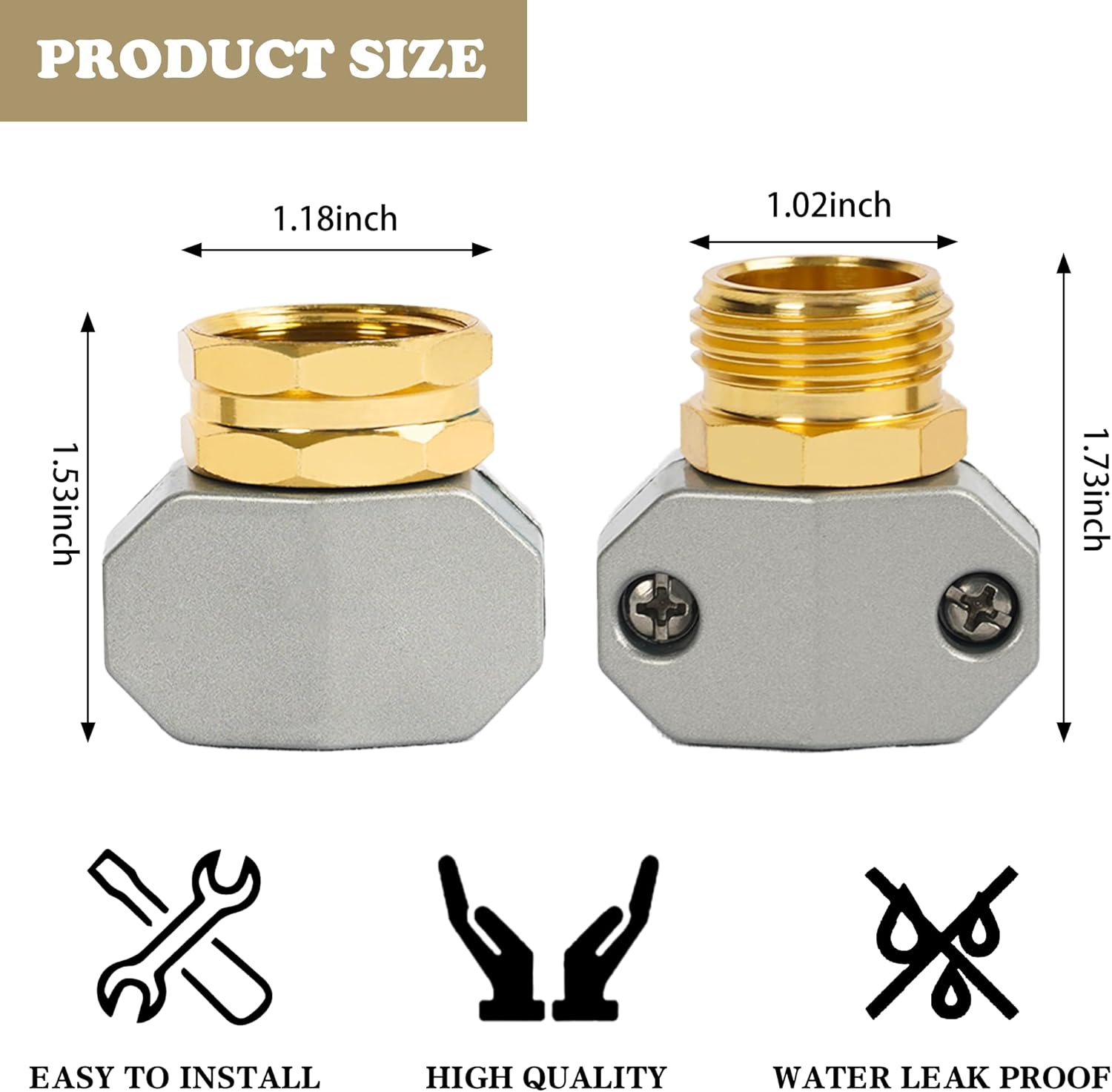 Hourleey Garden Hose Repair Kit, 2 Sets Aluminum Alloy Garden Hose End Mender, Male and Female Water Hose Repair Fittings, Fit 5/8" and 3/4" Connector, with 4 Extra Hose Washers