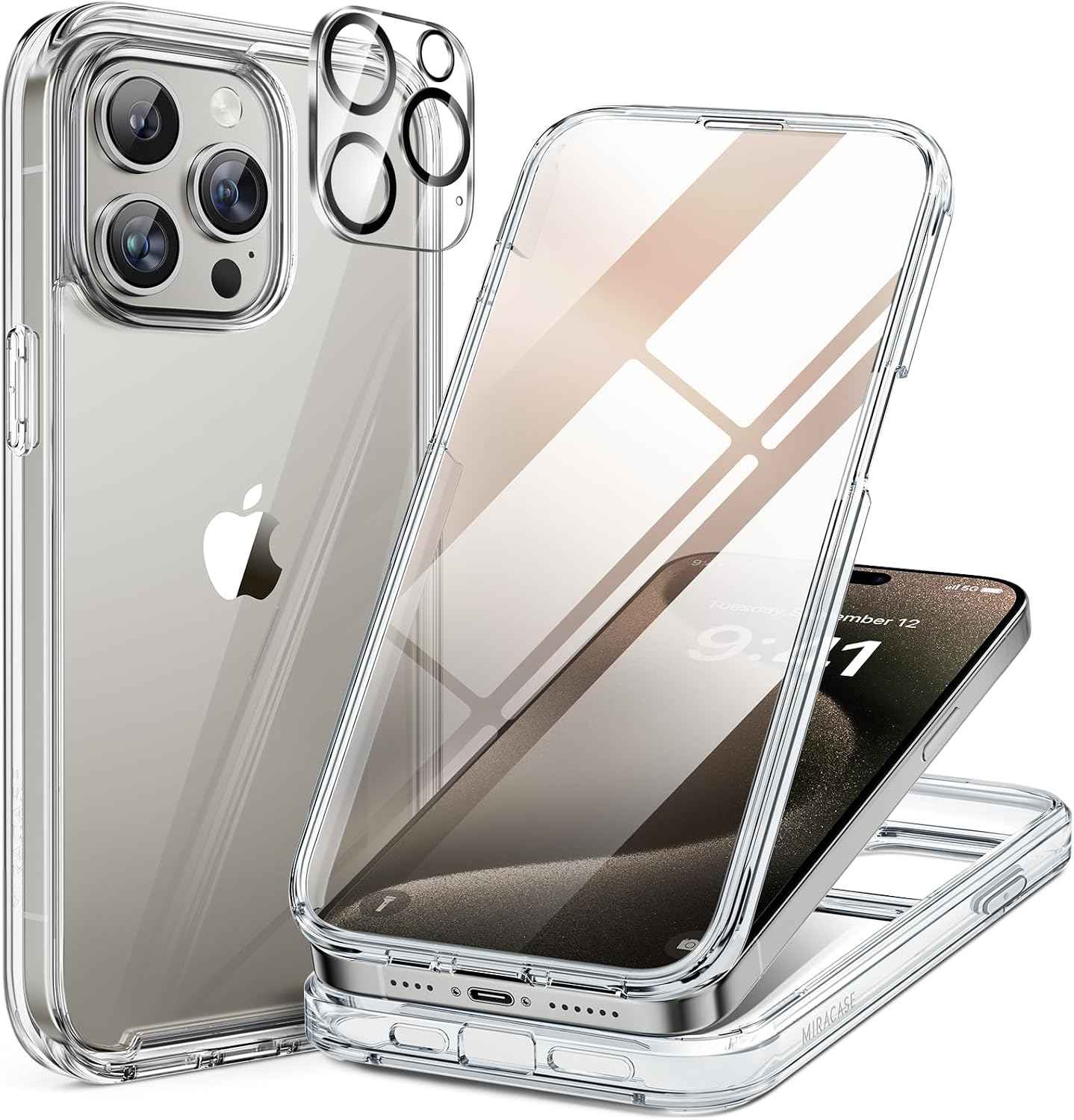 miracase for iPhone 15 Pro Case, Full-Body Clear Bumper Phone case with Built-in Glass Screen Protector& Camera Protector, Military Drop Proof 15 Pro Case Cover 6.1 inch,Clear
