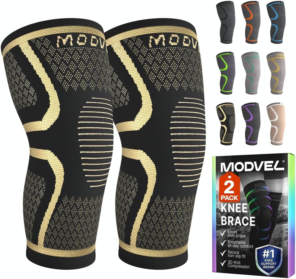 Modvel Compression Knee Brace for Women & Men - 2 Pack Knee Brace for Women Running Knee Pain, Knee Support Compression Sleeve, Workout Sports Knee Braces for Meniscus Tear ACL & Arthritis Pain Relief