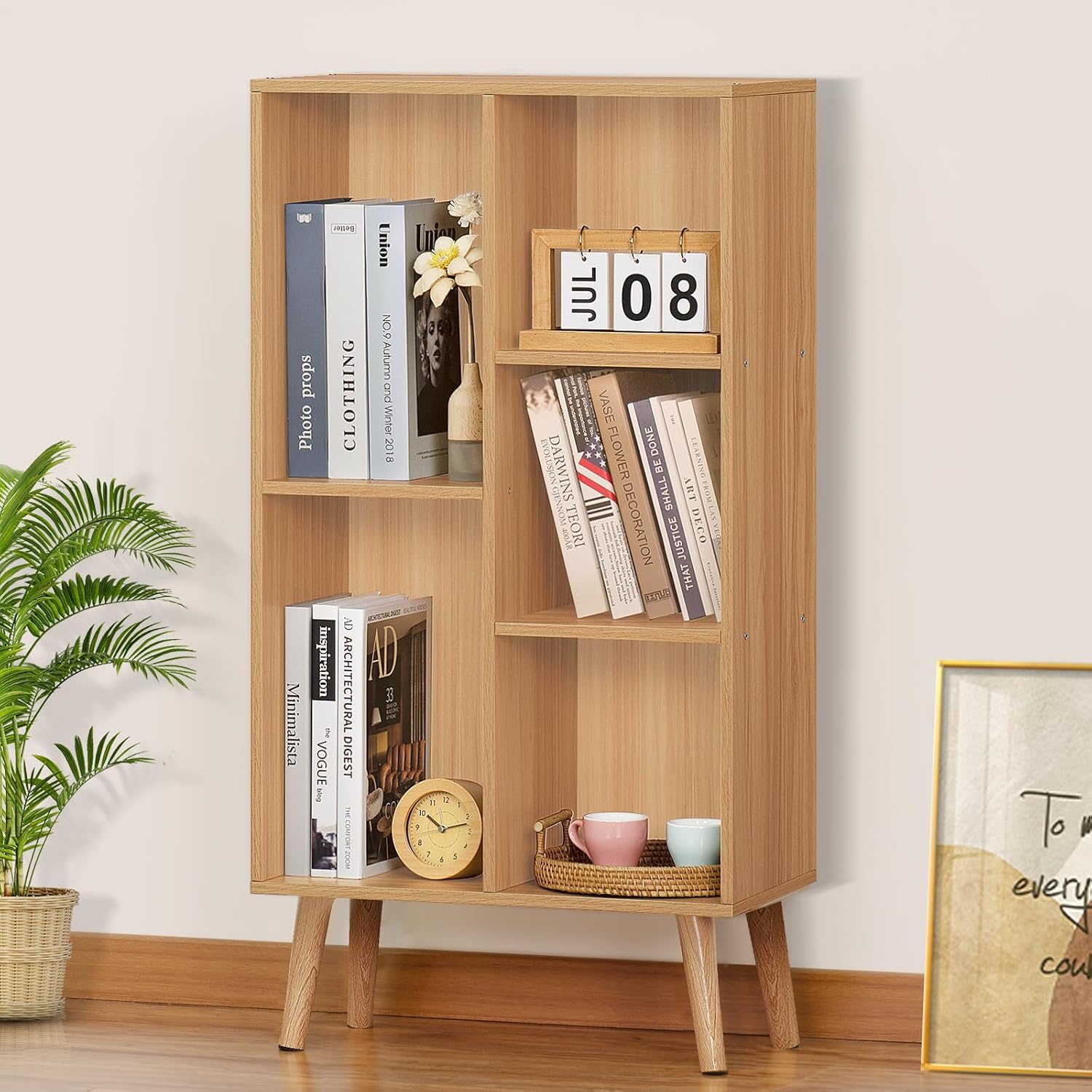 LEYAOYAO 5 Cube Bookshelf, Mid-Century Modern Book Shelf with Legs, Natural