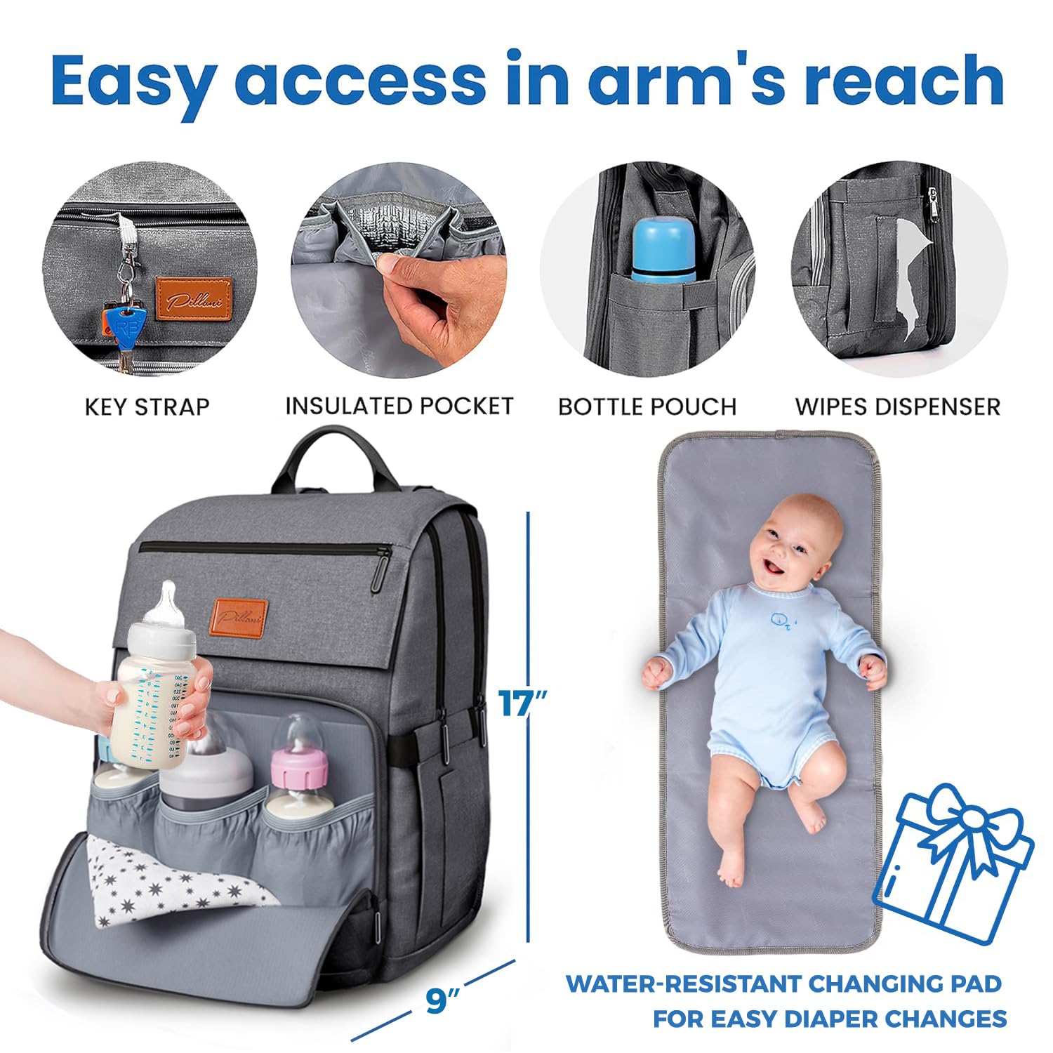 Pillani Baby Diaper Bag Backpack - Baby Bag for Girls & Boys, Large Waterproof Diaper Backpack - Baby Shower Gifts for Boys & Registry Must Haves - Travel Diaper Bags with Changing Pad - Newborn Stuff