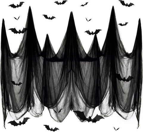 400" x 85" Halloween Black Creepy Cloth, Large Size Spooky Gauze Fabric, Halloween Scary Decoration for Haunted Houses Party Supplies Indoor Outdoor-Black 400" x 85"