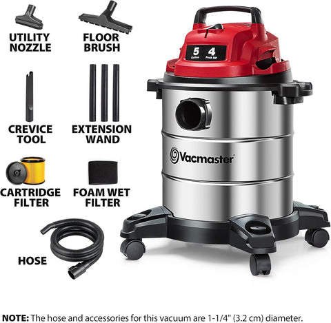 Vacmaster VOC508S 1101 5-Gal 4 Peak HP Stainless Steel Wet/Dry Vac Red
