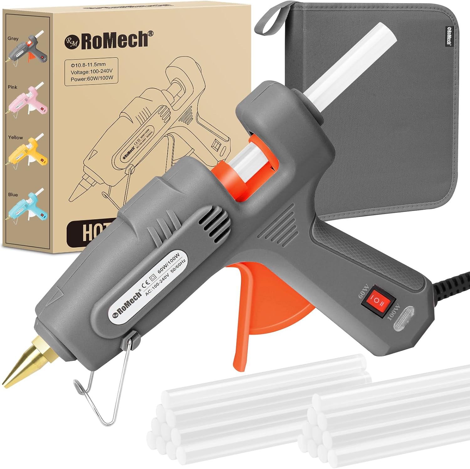 ROMECH 60/100W Dual Temp Hot Glue Gun and Sticks Set, Full Size with Case