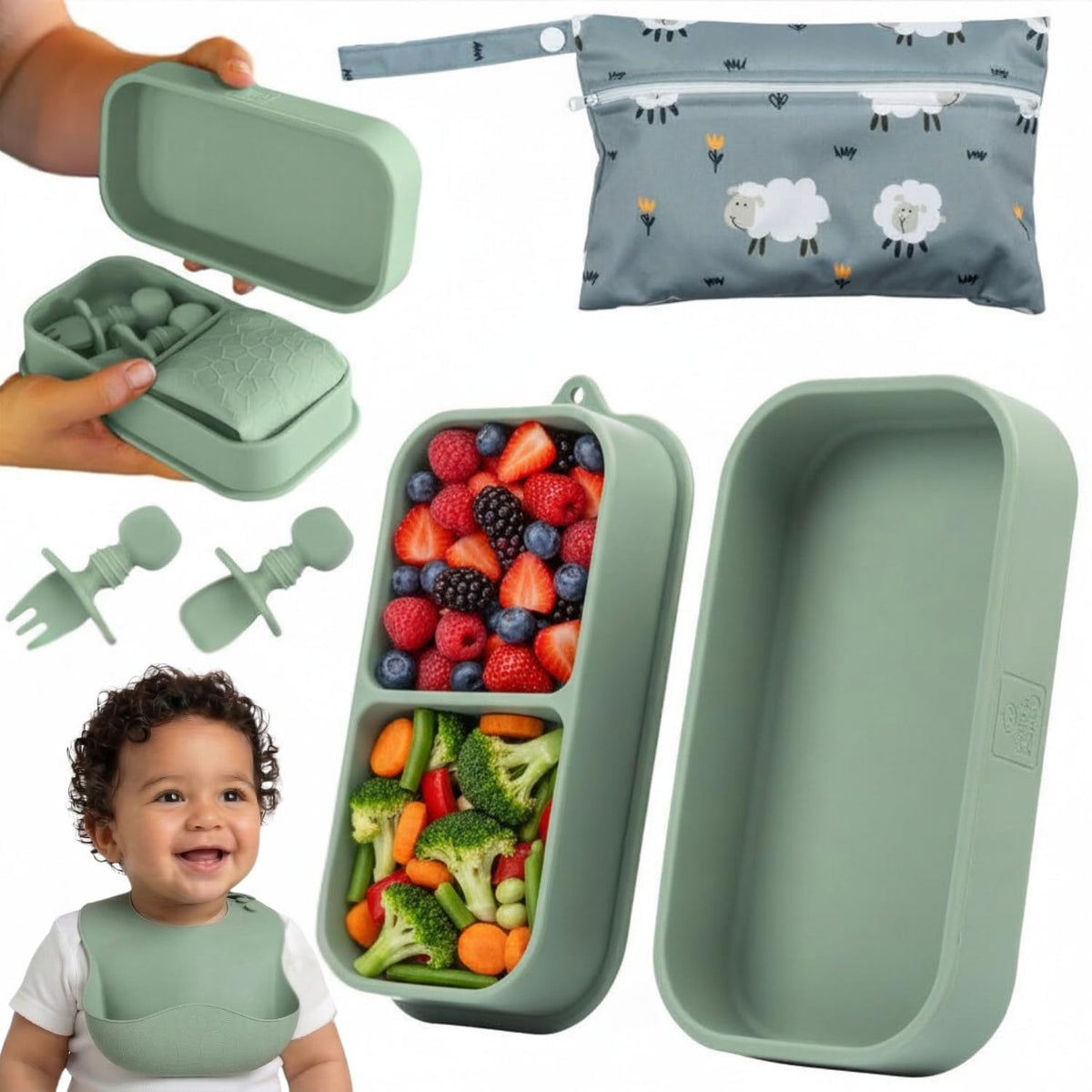 Baby Travel Feeding Set with Silicone Suction Plates, Green Small