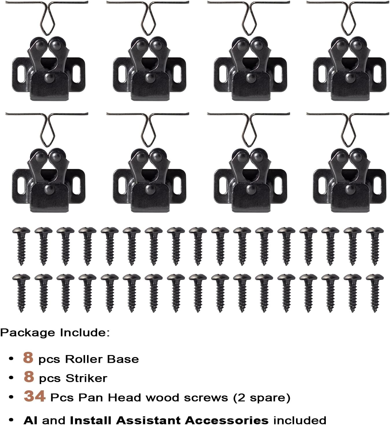 Keenkee Cabinet Latch Double Roller Catch, Black Nickel, 8 PCS