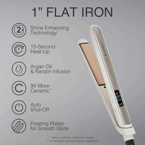 Remington Shine Therapy 1 Inch Hair Straightener, Argan Oil & Keratin | Keratin ceramic plates deliver smooth results; this flat iron reduces frizz for ideal hair styling.