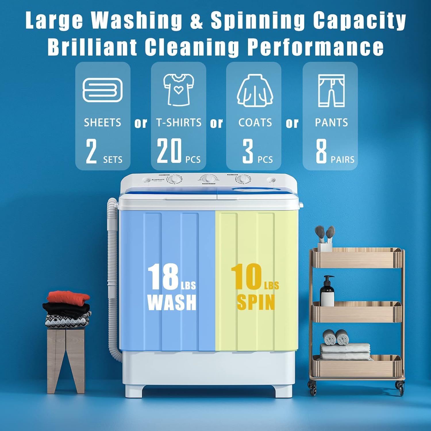 Auertech Portable Washer and Dryer Combo, 28 Lbs Twin Tub Washing Machine, 1.5 Cu.Ft Compact Clothes Dryer, Portable Washing Machine and Dryer Set for Laundry Apartment, RV, Dorm, Grey