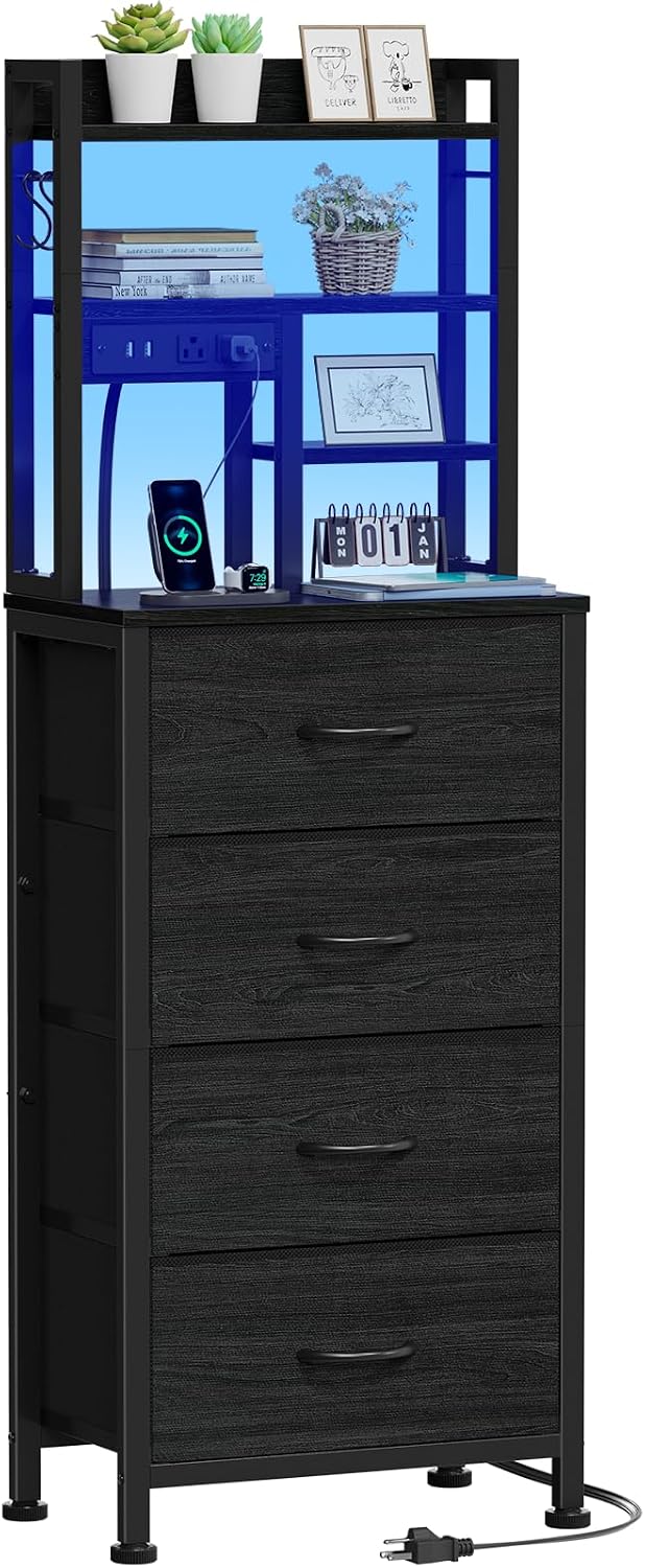 Furnulem Tall Nightstand, LED Night Stand with Charging Station