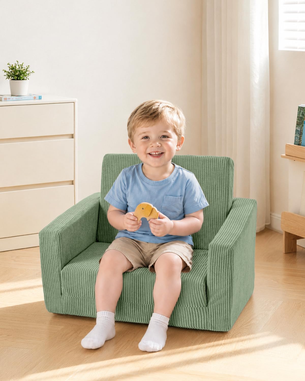 2-in-1 Kids Chair and Couch, Cozy Corduroy Kids Sofa, Green