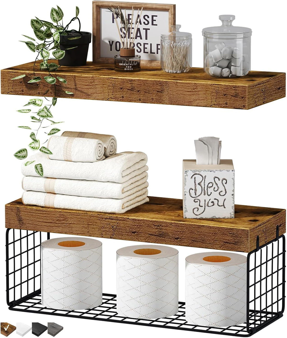 QEEIG Bathroom Shelves Over Toilet Wall Mounted (Brown, Set of 2, 15.7")