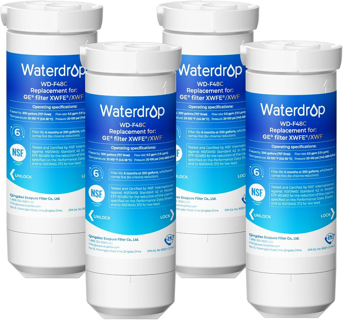 Waterdrop XWFE Refrigerator Water Filter, Built-in Chip, Replacement for GE® XWFE, XWF, Compatible with GNE27, GFE26, GDE25, GSS25 and PSE25 Series, NSF 42 & 372 Certified, 4 Pack