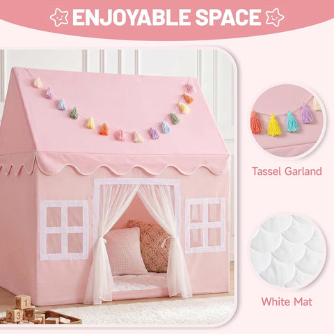 Kids Play Tent Indoor: with Mat, Tassel Garland - Pink Girls Tent Playhouse Kids Toys for Boy Girl Birthday Gift for Kids