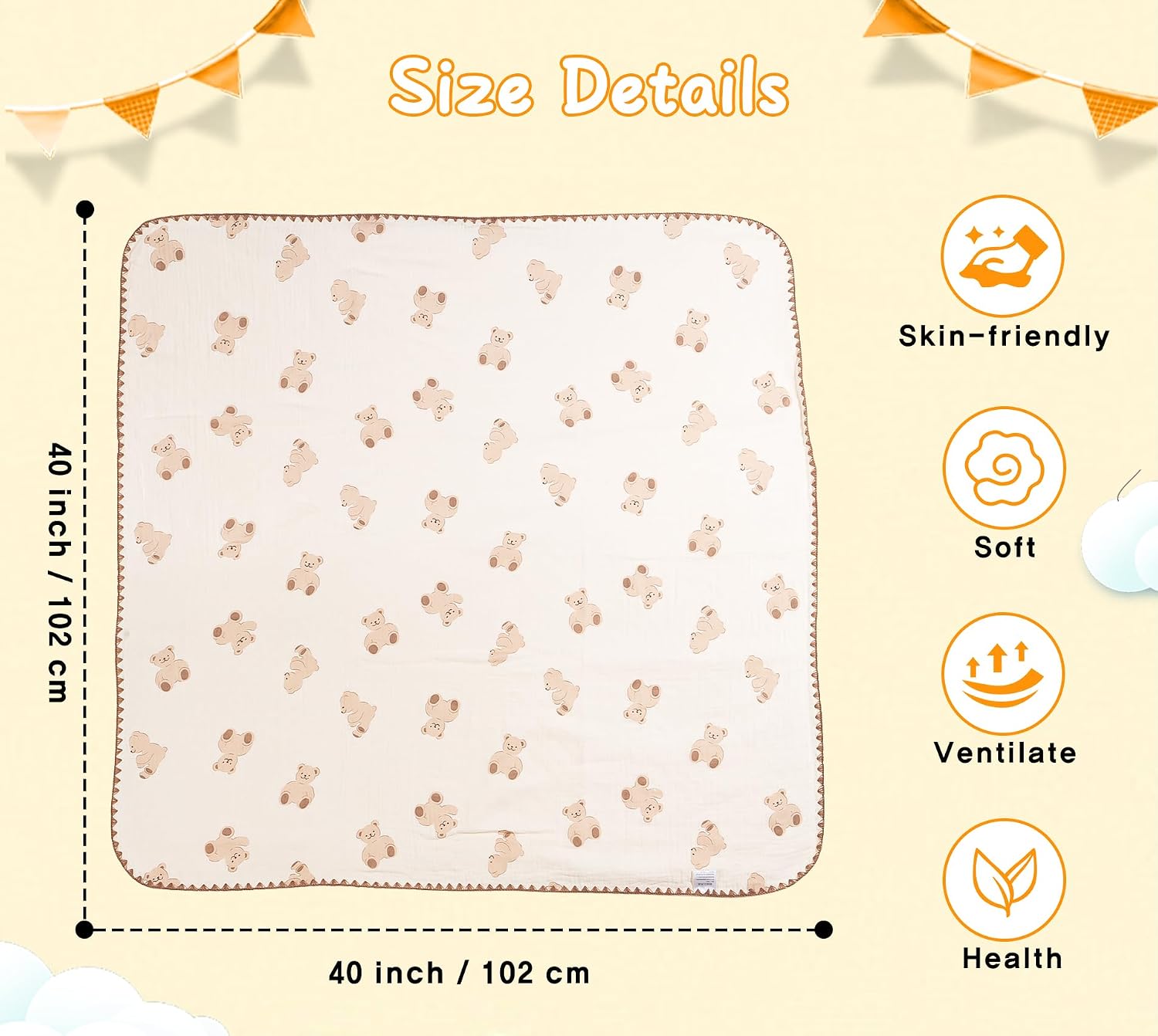 Baby Blanket 40x40 Inches,Muslin Cotton and Minky Dotted Double Layer Soft Receiving Blanket for Newborn Toddler,Bear