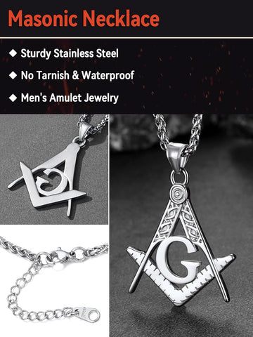 FaithHeart Masonic Necklace for Men, Freemason Compass Symbol 18K Gold Plated/Stainless Steel Free and Accepted Masons Pendant Jewelry with Gift Box