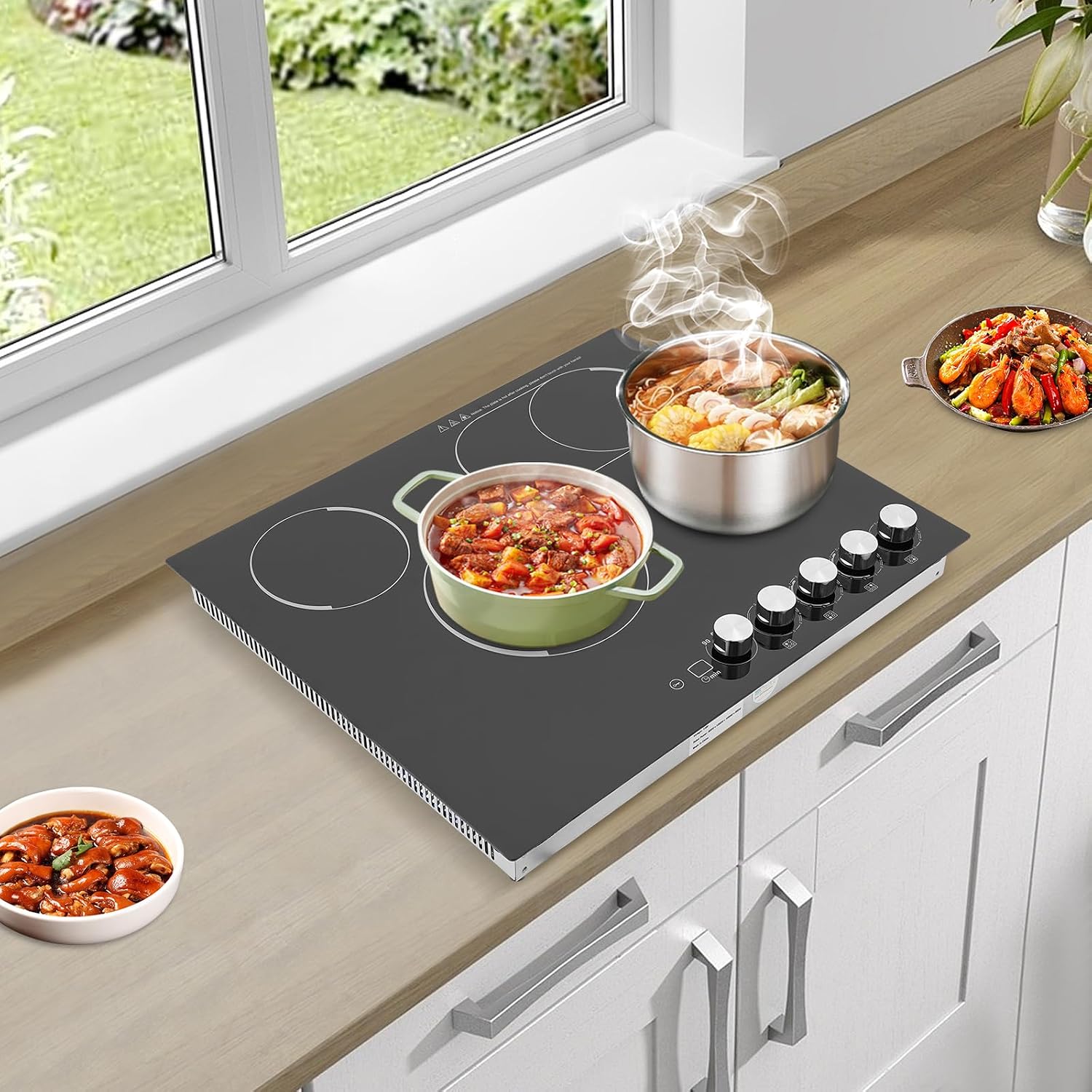4 Burner Electric Ceramic Cooktop 3400W 110V, 5 Power Level Built-in & Countertop, Far Infrared Heating Ceramic Stove, Child Lock & 1.5H Timer, Suitable for Home/Commercial Kitchen No Plug (Black 2)