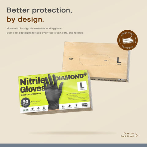 SUPER+ HEAVY DUTY Nitrile Gloves 8 Mil Diamond Texture Disposable Chemical Resistant Powder &Latex Free Food Safe Black 50 Ct