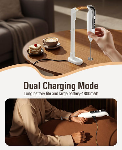 Milk Frother Handheld: LED & Wireless Charge, 3 Heads 3 Speeds -Cloud White
