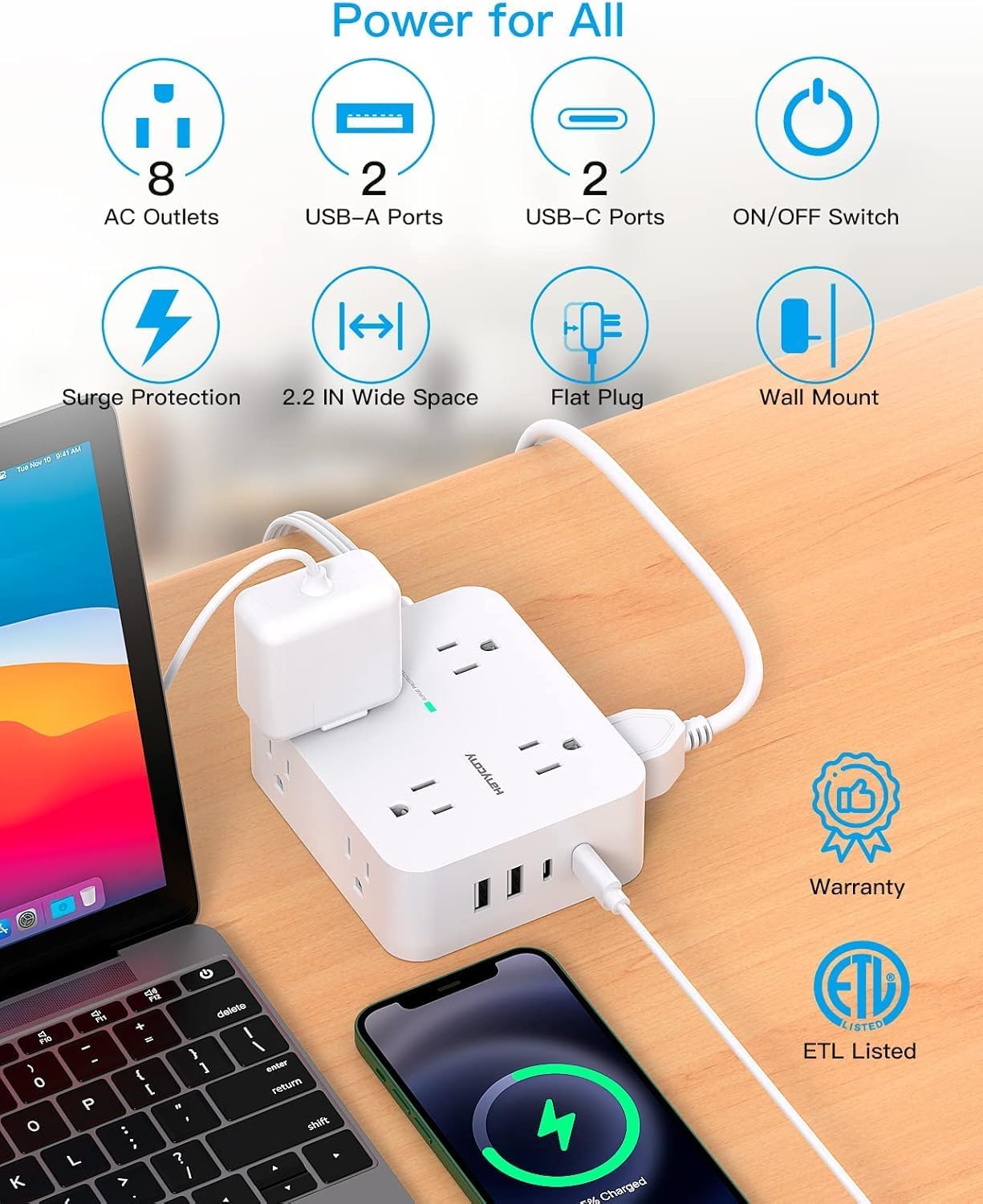 Surge Protector Power Strip, HANYCONY Extension Cord with Multiple Outlets