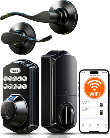 Veise VE012W-B Smart Wi-Fi Deadbolt Lock with Handle Set, Matte Black