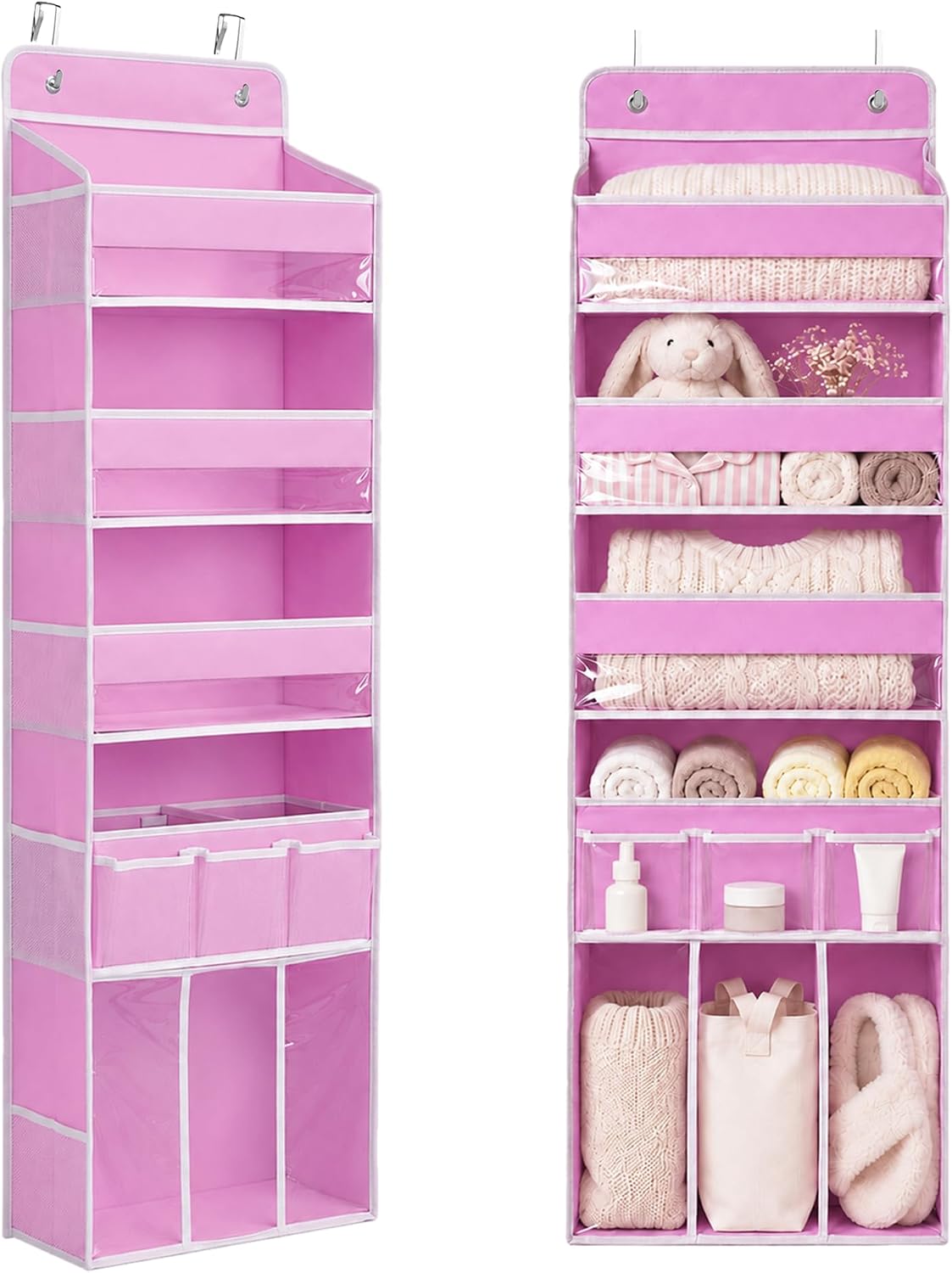 Door Hanging Storage Organizer with 3Bins1 Movable Baby Diaper Caddy,1Large capacity diaper stacking storage Organizer,10Side Pockets,Suitable to Store All Items,Bedroom Nursery Essentials. (Pink)