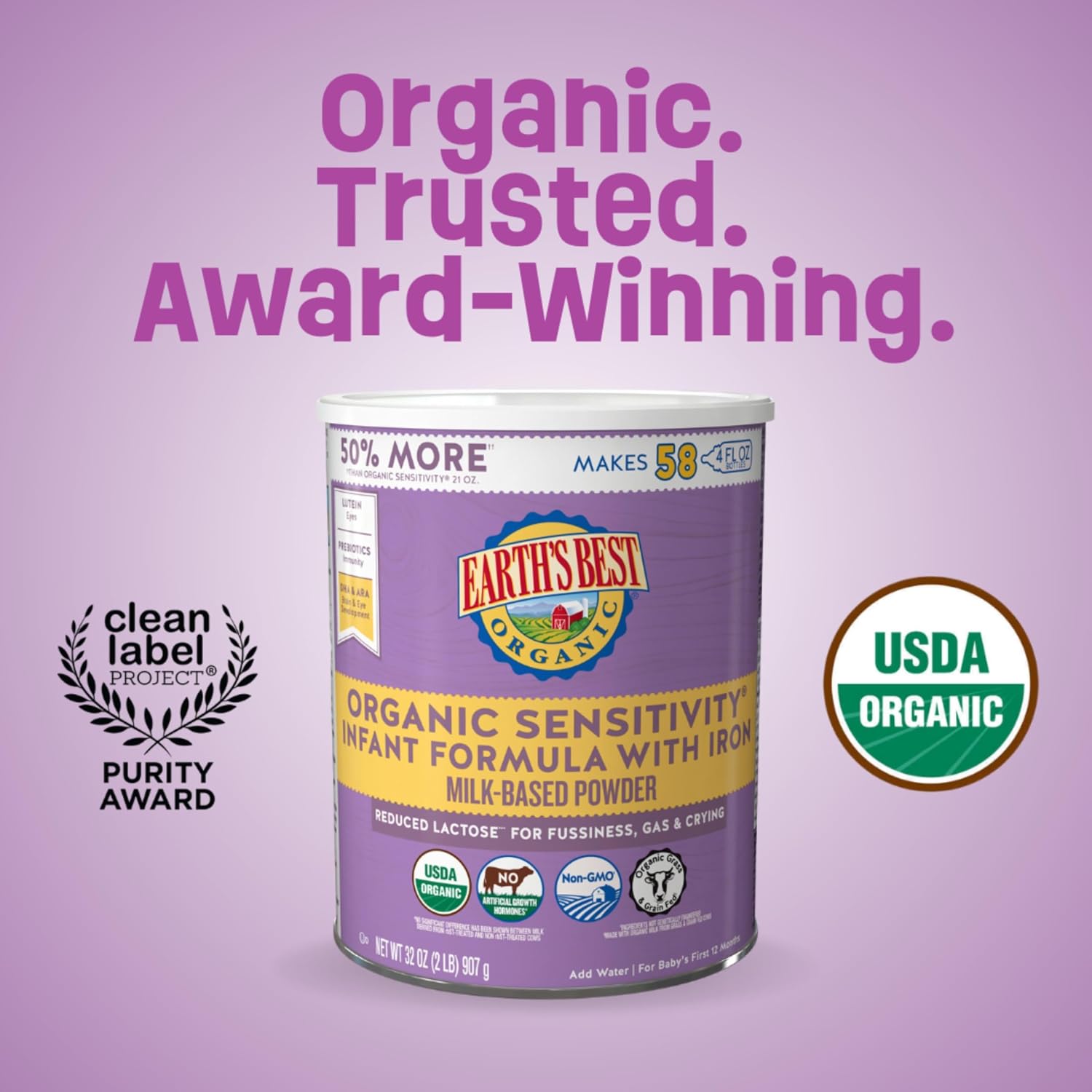 Earth's Best Organic Sensitivity Infant Formula for Babies 0-12 Months, Reduced Lactose Powder Formula with Iron, Omega-3 DHA, and Omega-6 ARA, 32 Ounce Value Container