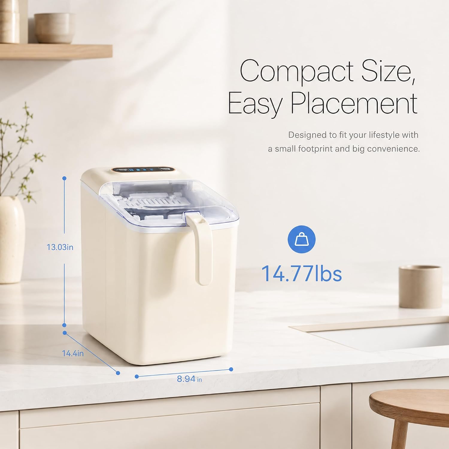 Ice Maker Countertop, Portable Ice Machine with 2 Sizes Bullet Ice, 9 Cubes Ready in 6 Mins, 33lbs/24H, Self-Cleaning Ice Machine with Basket & Scoop for Home Kitchen Office