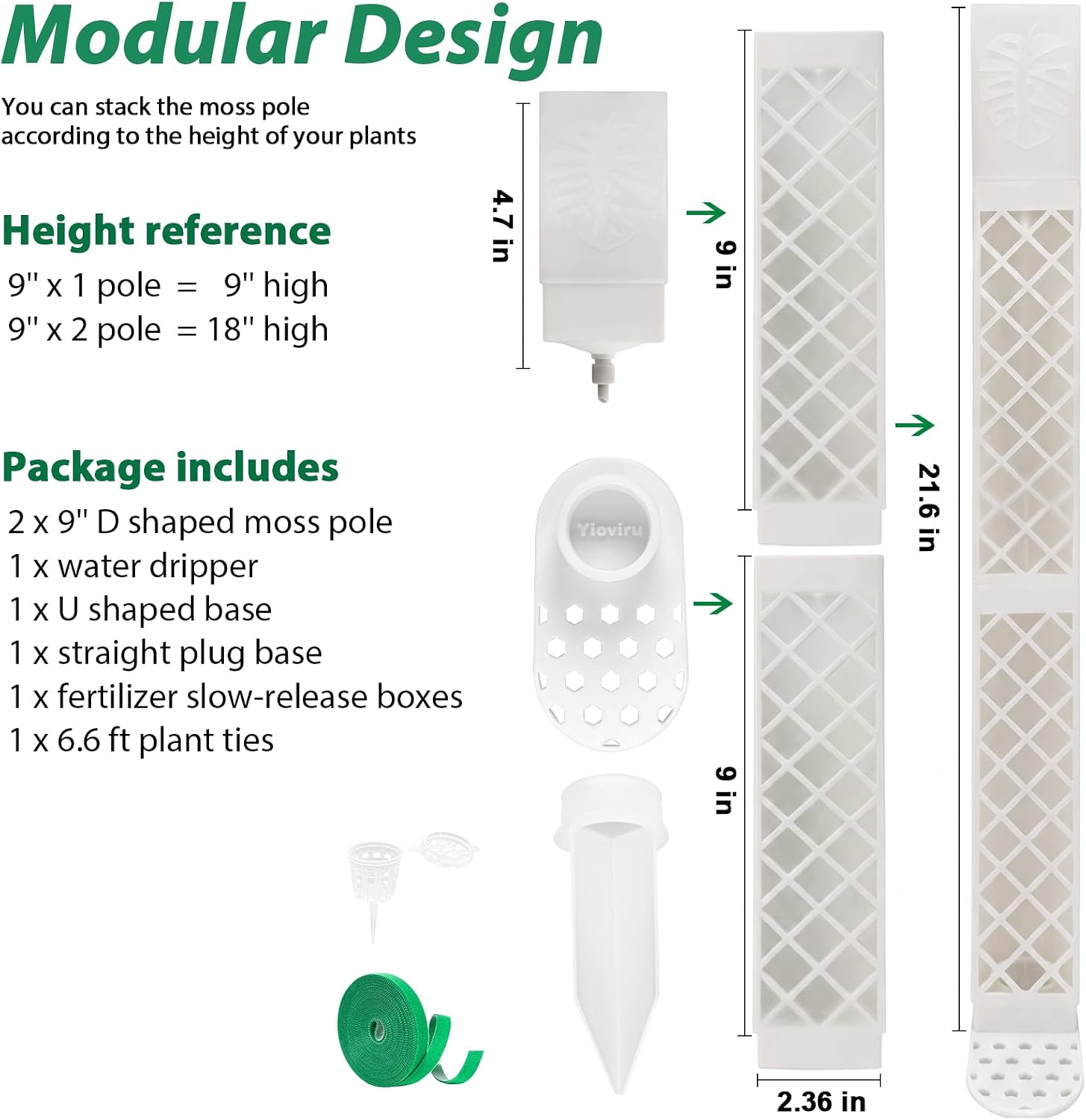 2 Pcs 9 Inch D Shaped Moss Pole with Watering Dripper, Plastic Moss Poles for Climbing Plants, Sturdy Monstera Plant Support, Self Watering Moss Pole Kit for Plants Indoor (1Pack 2Pcs-White)