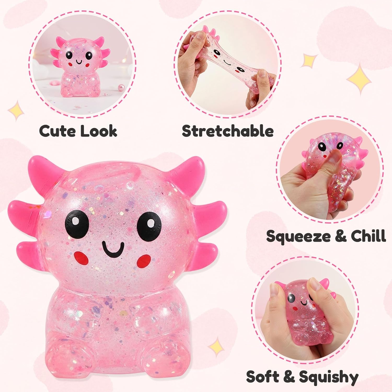 Glitter Axolotls Squishies Toy, Stretchy Axolotls Stress Ball, Soft Squeeze Sensory Fidget Toys for Kids Adults, Cute Easter Basket Stuffers Party Favors Classroom Prizes (Blue)