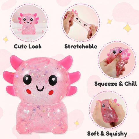 Glitter Axolotls Squishies Toy, Stretchy Axolotls Stress Ball, Soft Squeeze Sensory Fidget Toys for Kids Adults, Cute Easter Basket Stuffers Party Favors Classroom Prizes (Blue)