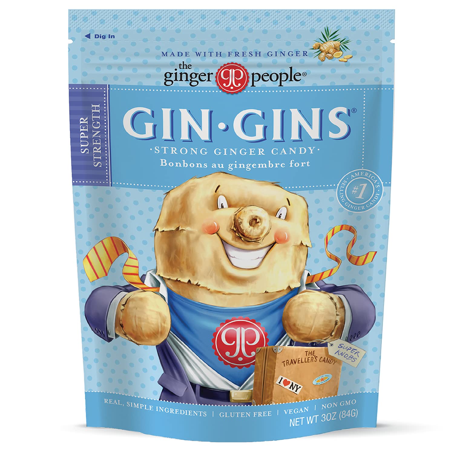 GIN GINS Super Strength Ginger Candy Made w/ Fresh Ginger 3oz 1Pk