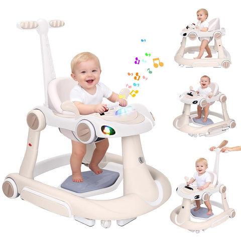 Baby Walker, 4-in-1 Baby Walker with Wheels Portable, Foldable Infant Toddler Walker for Boys Girls 6-18 Month,Removable Footrest,Car Steering Wheel & Music, Adjustable Push Walker Pink, Beige